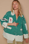 Colorblocked twill patch studded back heart jacket: TEAL GREEN