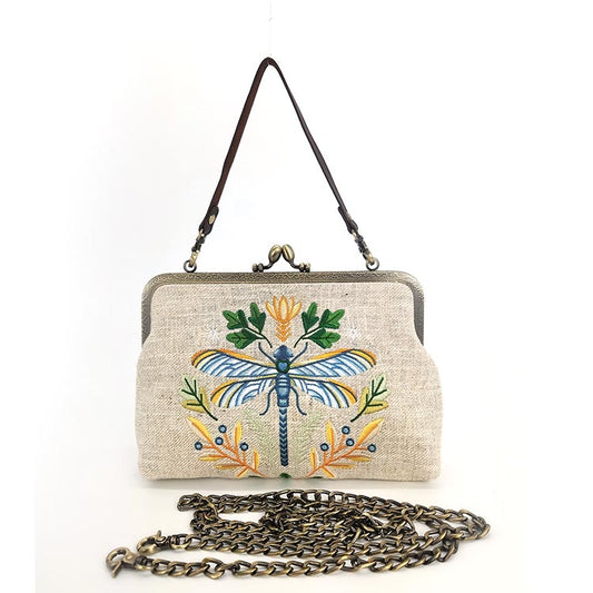 Dragonfly Vintage Kisslock Bag: Beige