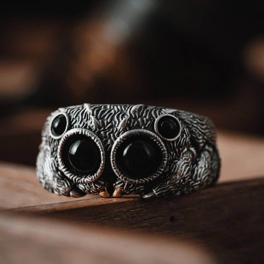 Jumping Spider Ring - Oxidized Silver: Oxidized Silver & Black Agate / #11