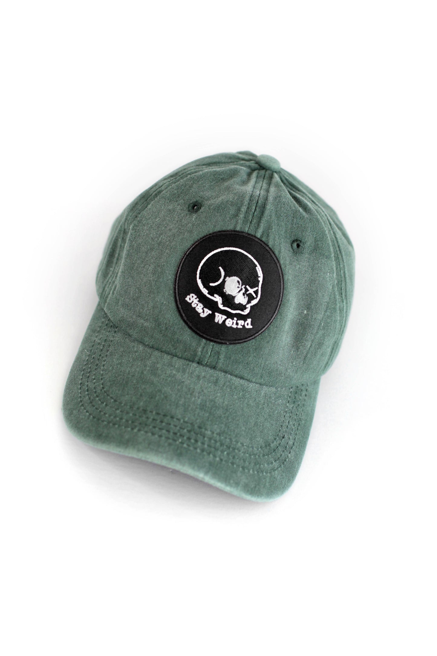 Stay Weird Skull Patch Baseball Hat Green Cap