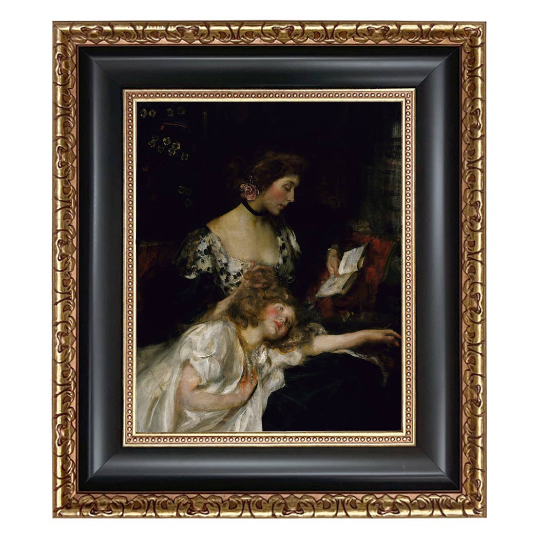 Portrait of Mother and Child Oil Painting Print on Canvas: Antique Black & Gold / 5" x 6"