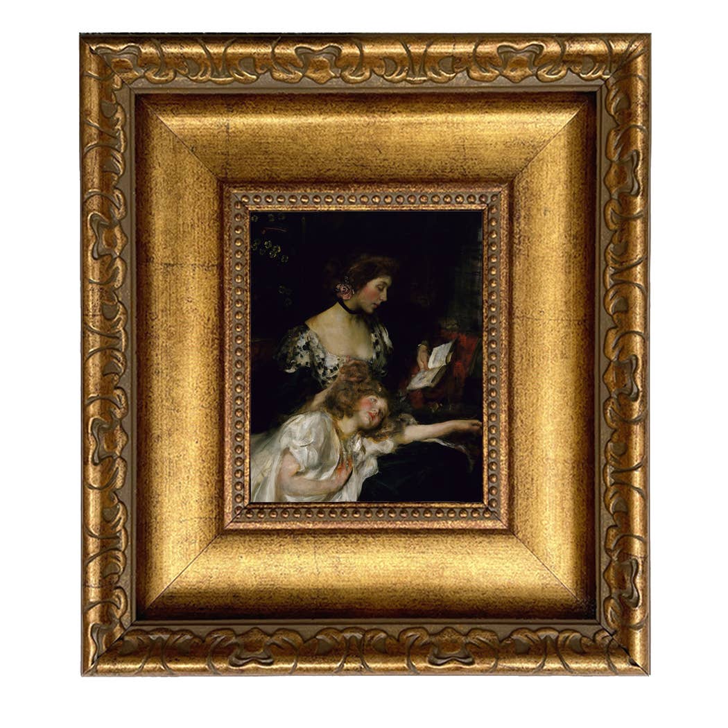 Portrait of Mother and Child Oil Painting Print on Canvas: Antique Black & Gold / 5" x 6"