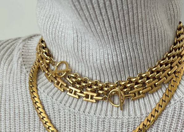 HoopLa Style - Estate Panther Chain Link Stainless Steel Necklace 14K Gold 