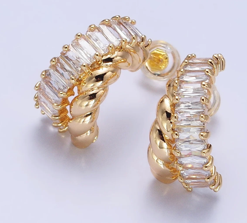 HoopLa Style - Double Hoop Earring- Croissant Twist Crystal Steel 14K