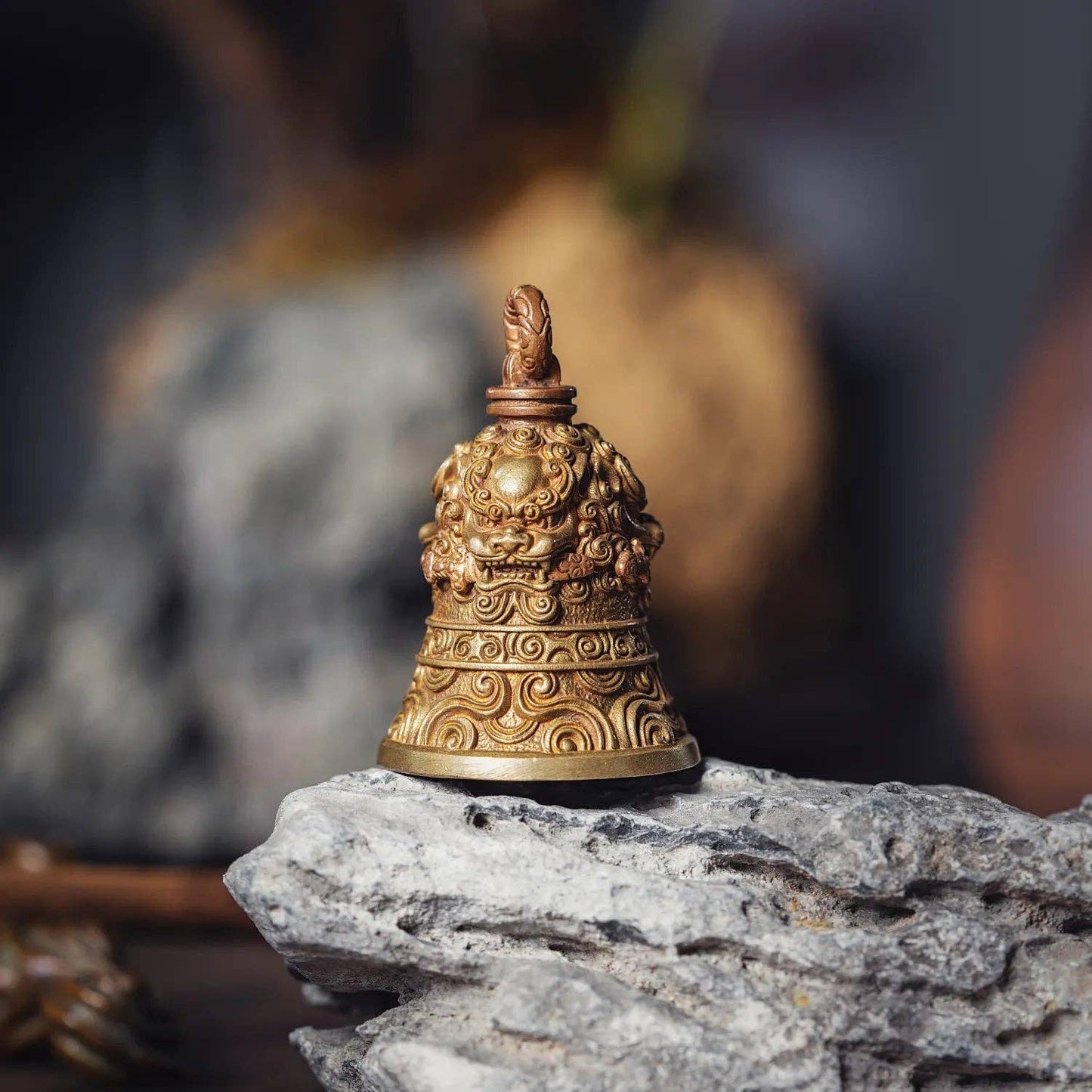 Lion-Biting Sword Bell: Brass & Silver