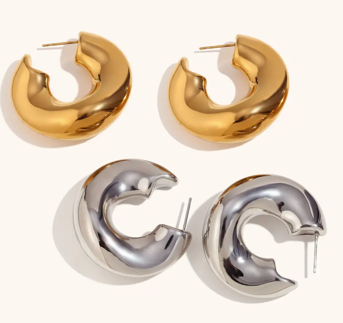 HoopLa Style - Wave-Puffy Hoop- Steel Earrings- 14K gold or Silver: Gold