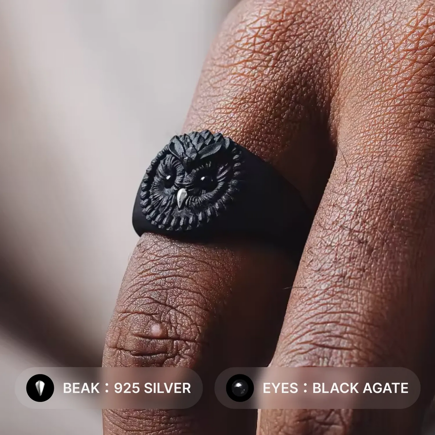 Owl Ring: Black & Silver & Black Agate / #9