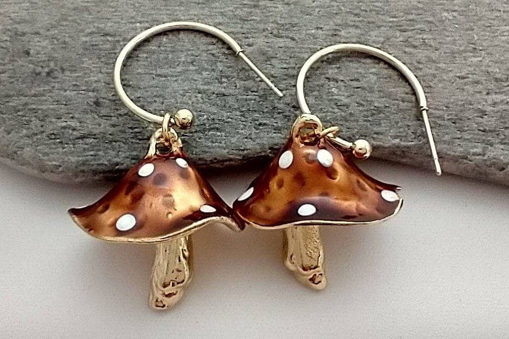 Piccadilly Pendants - Mushroom Statement Earrings, Hoop Earrings, Nature Jewelry: Gold / Pink & Yellow