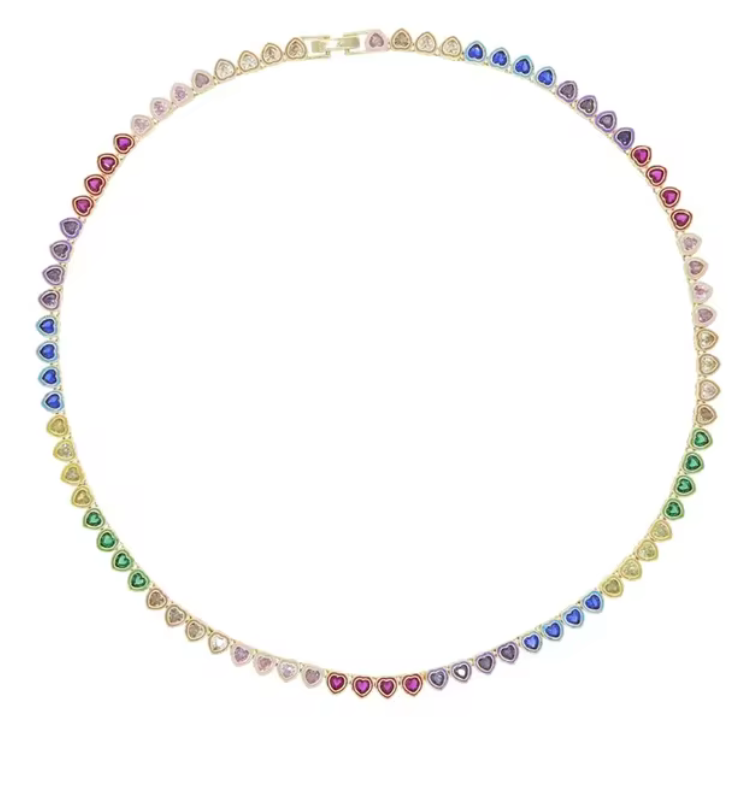 HoopLa Style - Heart Tennis Necklace- 14K Ombré CZ: Multi