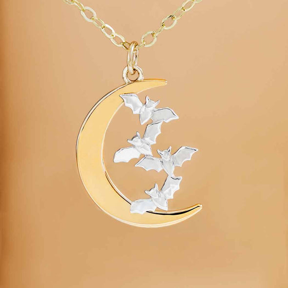 Bronze Moon Necklace with Bats on Gold Fill Chain