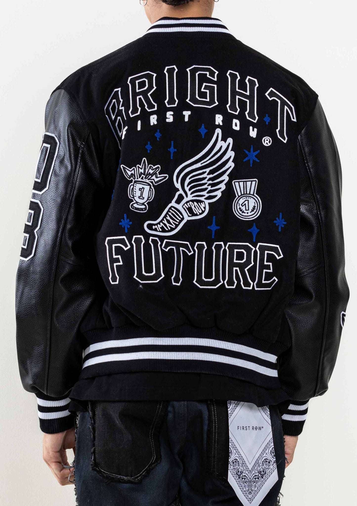 MONO BRIGHT FUTURE  VARSITY JACKET: BLACK