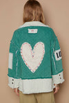 Colorblocked twill patch studded back heart jacket: TEAL GREEN