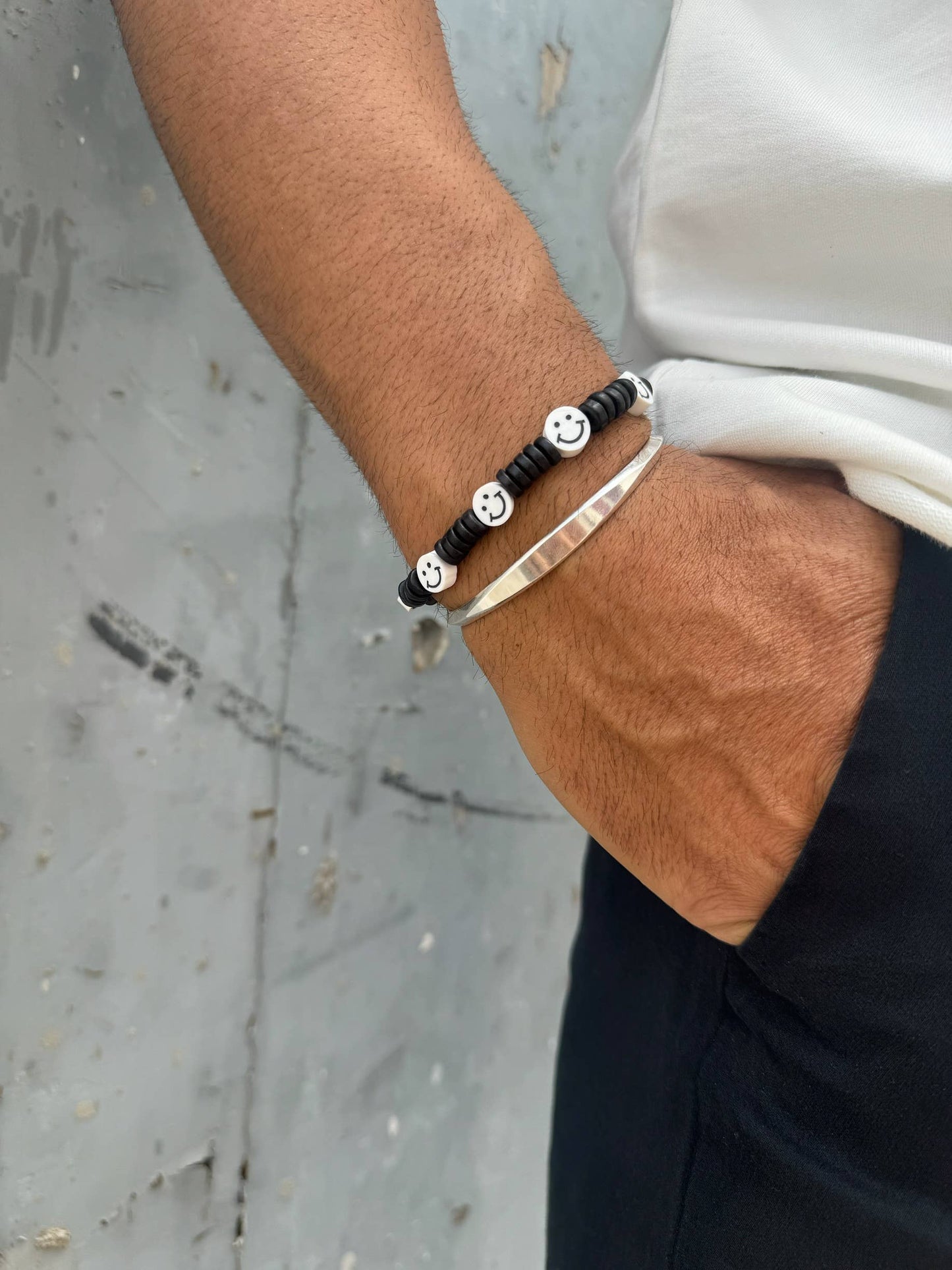 Men's Bracelet, Happy Bracelet, Silver Bangle Bracelet Men,: 21cm / Happy Beads Bracelet