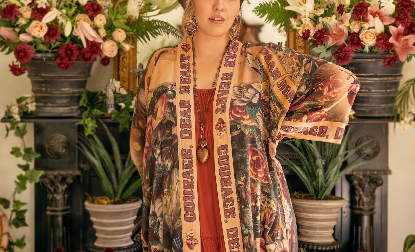 Courage Dear Heart Boho Kimono Duster Robe with Sacred Heart