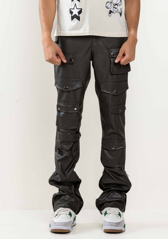 PREMIUM LEATHER MULTI CARGO STACKED  PANTS: DK Olive