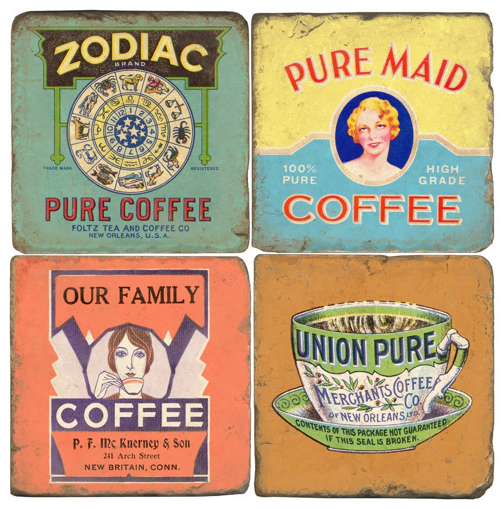 Vintage Coffee Labels - Tumbled Marble Coasters Set/4