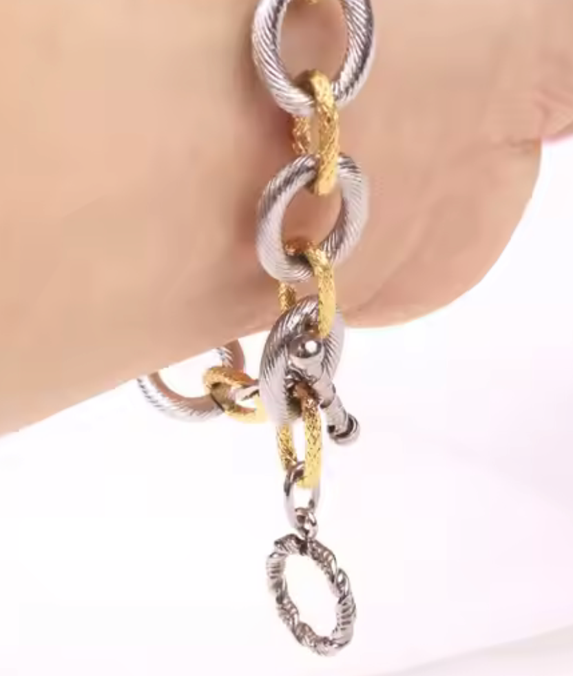 HoopLa Style -  Two Tone Etched Steel Link Toggle Bracelet