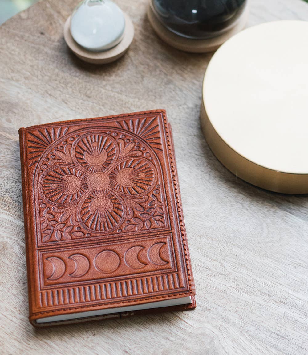 Embossed Brown Leather Moon Phase 5x7 Journal - Refillable