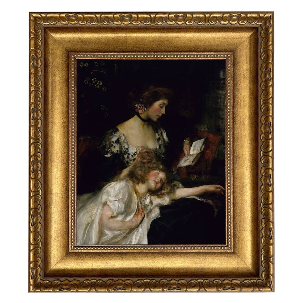 Portrait of Mother and Child Oil Painting Print on Canvas: Antique Black & Gold / 5" x 6"