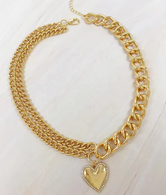 HoopLa Style - Whole Hearted Chain Heart Crystal Necklace: Yellow Gold