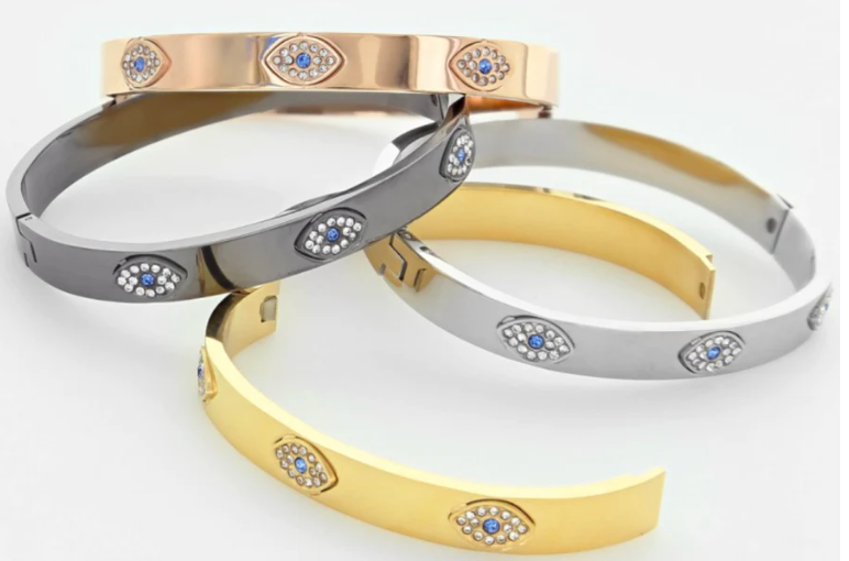 HoopLa Style - Evil Eye Hinge Bangle - 14K Gold PVD Stainless Steel: Rose Gold