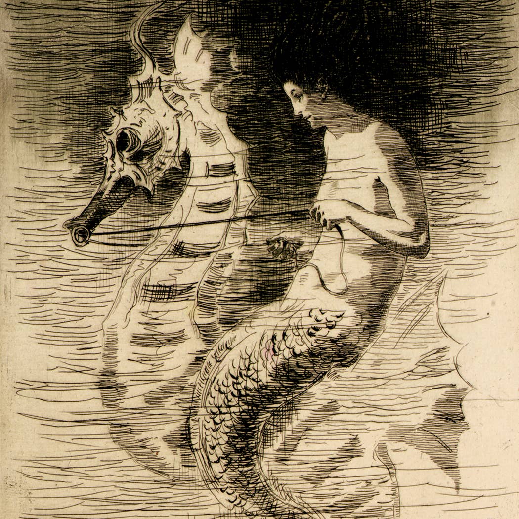 Mermaid and Sea Horse Illustration Reproduction Print