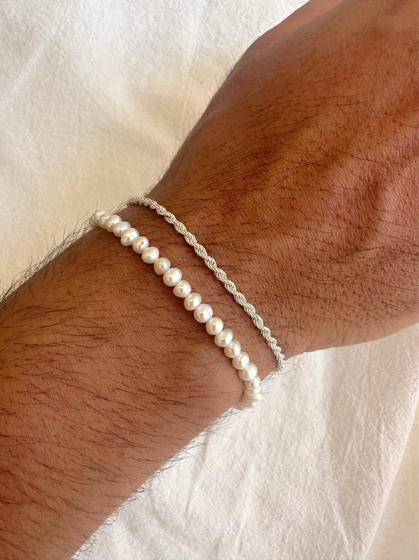 Men's Bracelet Silver Rope Chain, SIlver Bracelet: 21cm / Freshwater Pearls