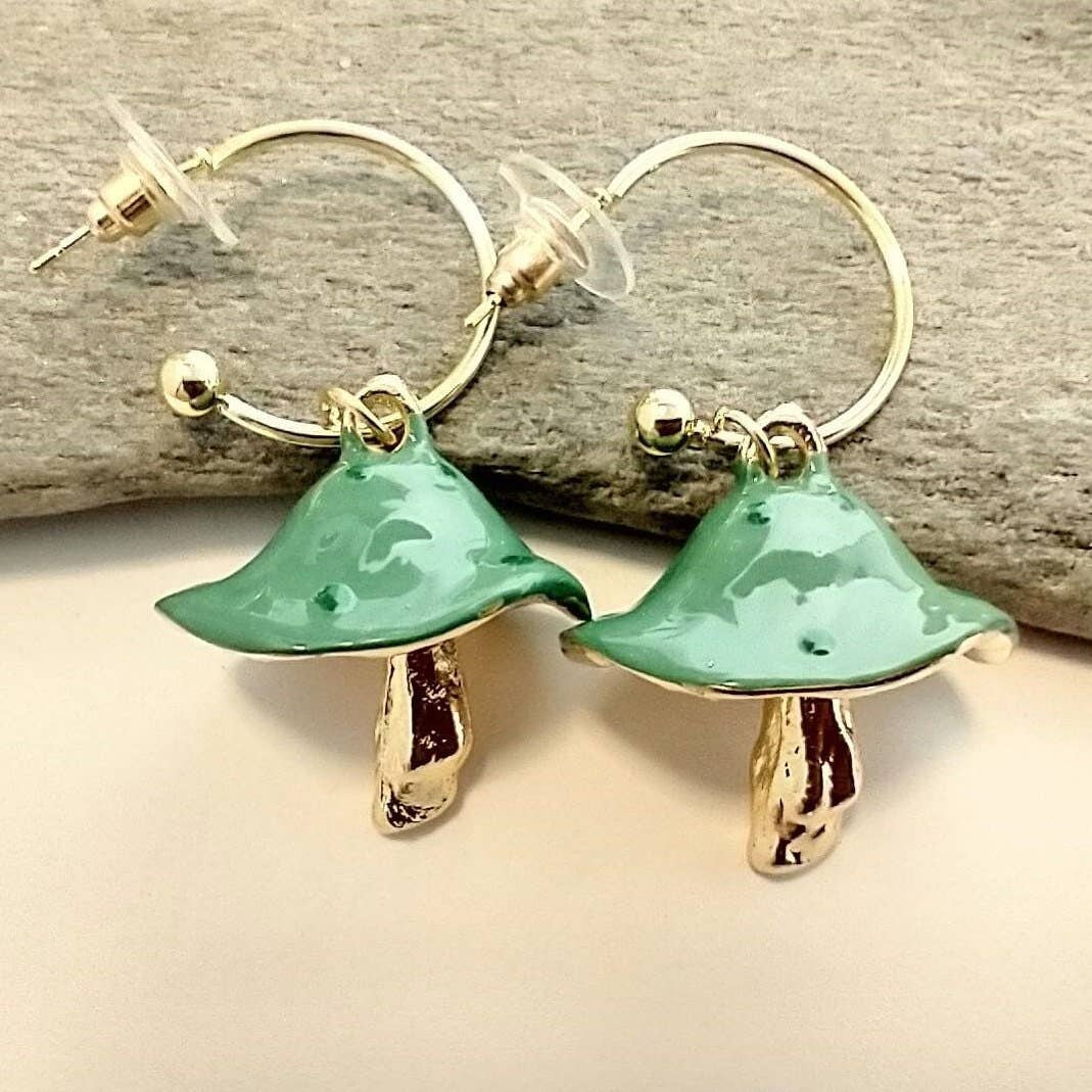 Piccadilly Pendants - Mushroom Statement Earrings, Hoop Earrings, Nature Jewelry: Gold / Pink & Yellow