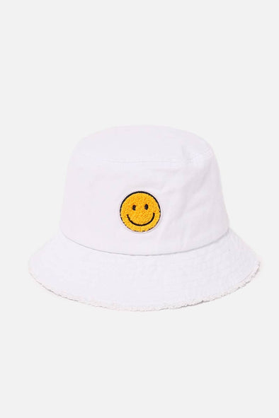 Chenille Patch Smiley Face Bucket Hat: White