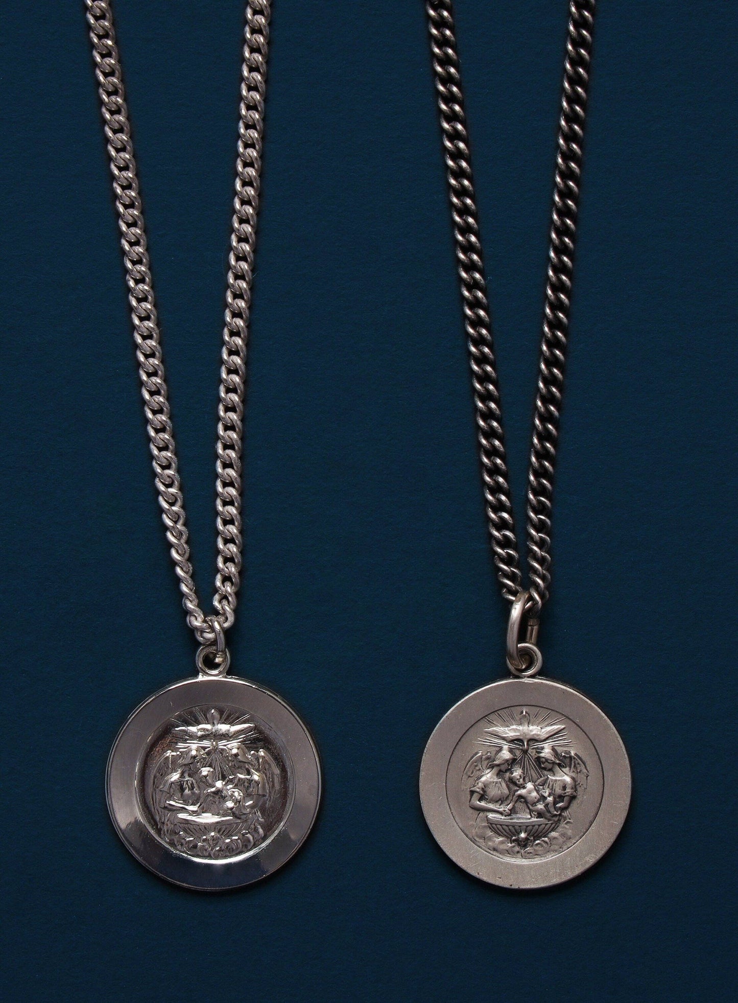 Small Baptism Sterling Silver Medal Necklace for Men: 18 / Shiny Silver