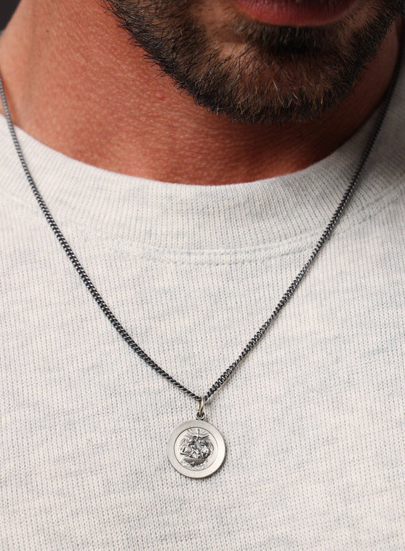 Small Baptism Sterling Silver Medal Necklace for Men: 18 / Shiny Silver