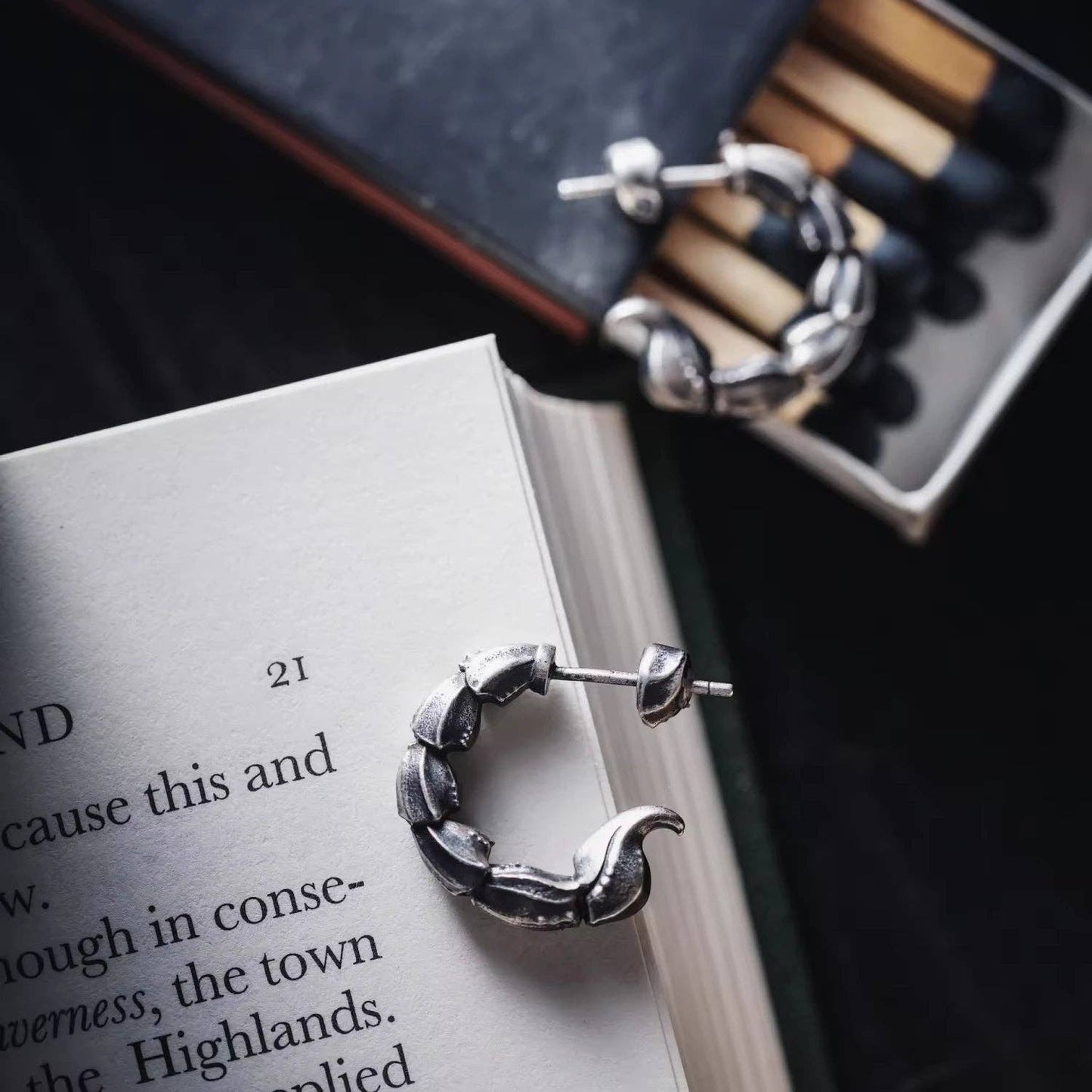 Scorpion Tail Earrings: Oxidized Silver