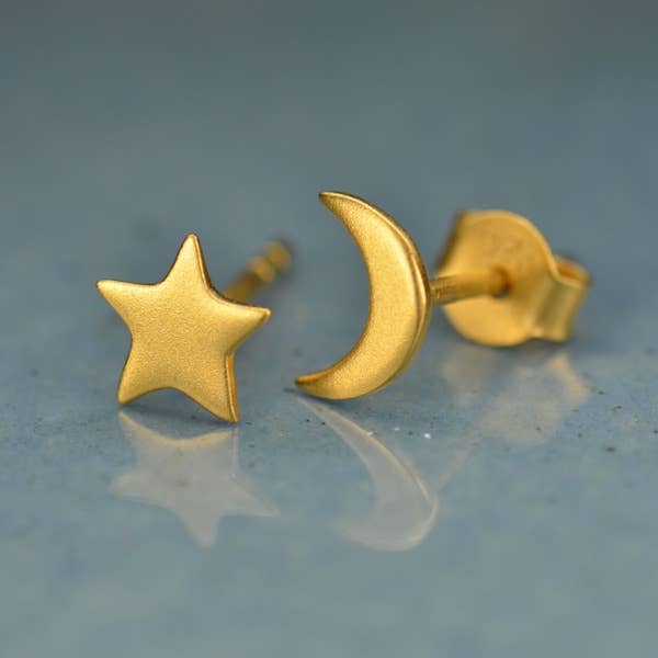 Star and Moon Stud Earrings 7x5mm: Recycled Sterling Silver