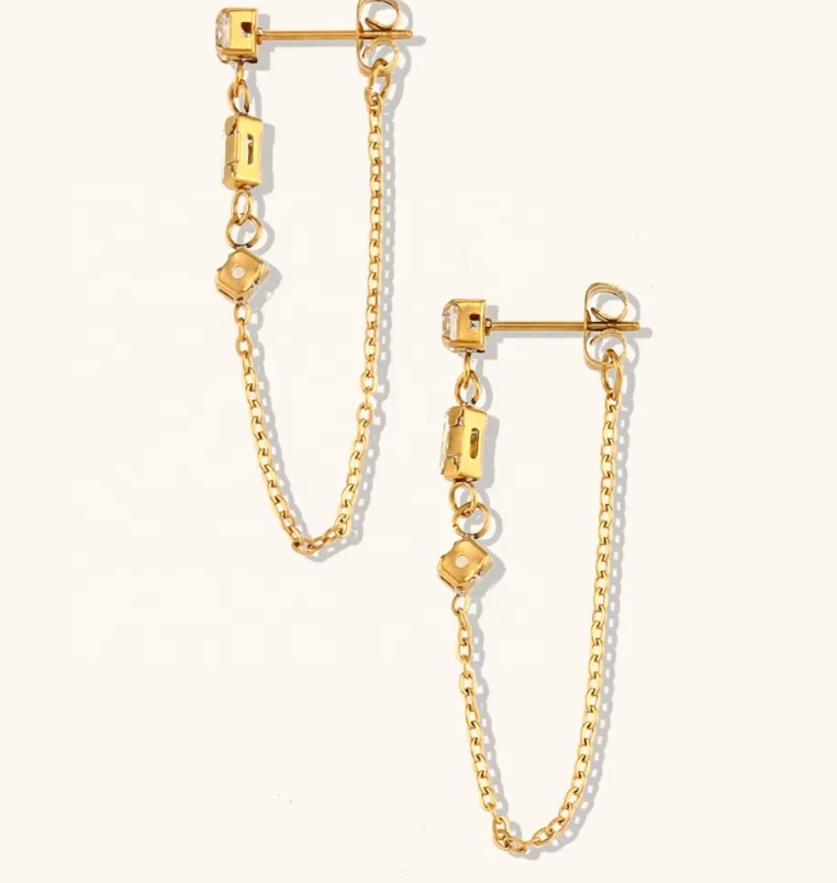 HoopLa Style - Chain Earring- 3 CZ station Chain Stainless Steel 14K Gold