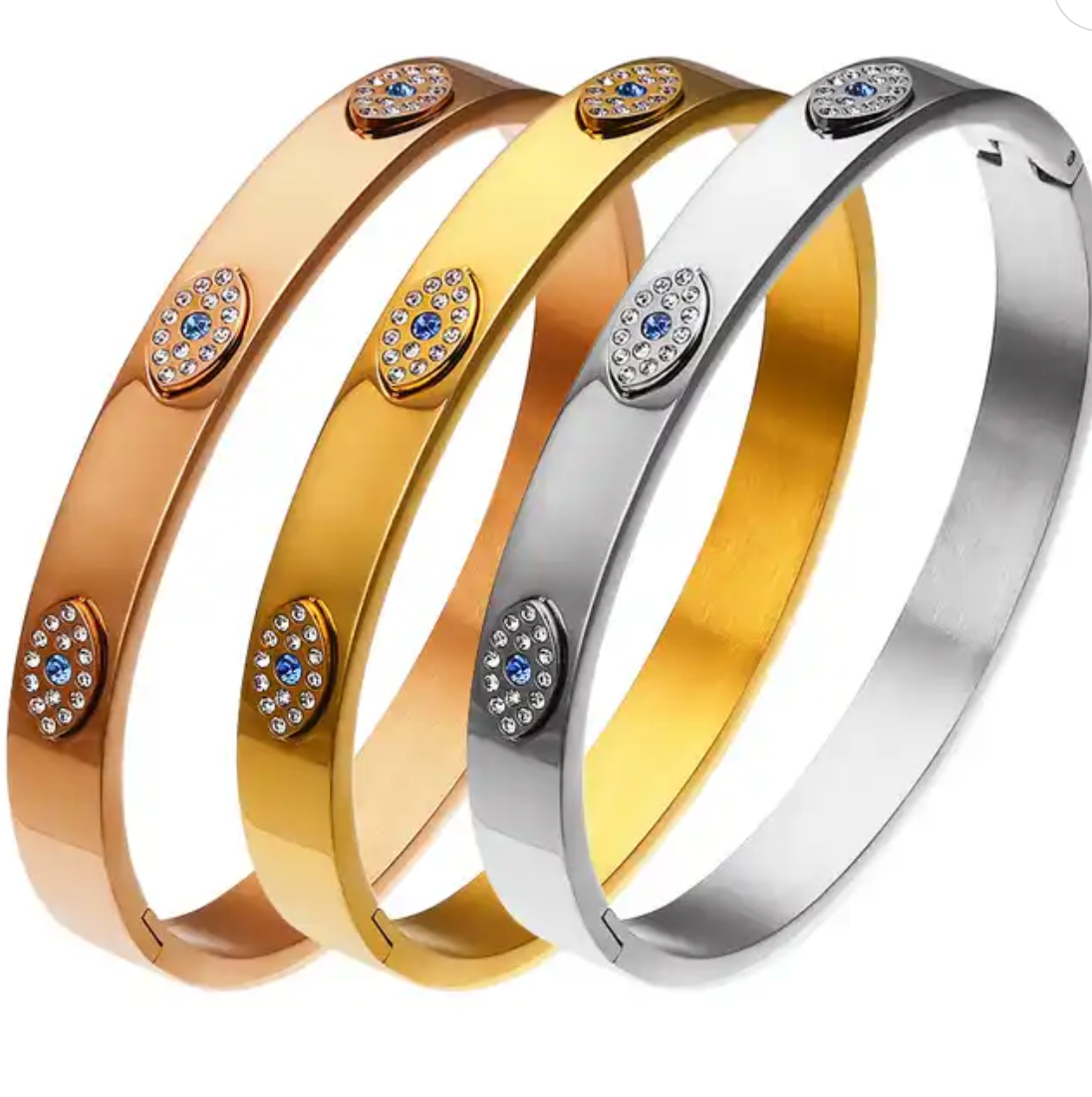 HoopLa Style - Evil Eye Hinge Bangle - 14K Gold PVD Stainless Steel: Rose Gold