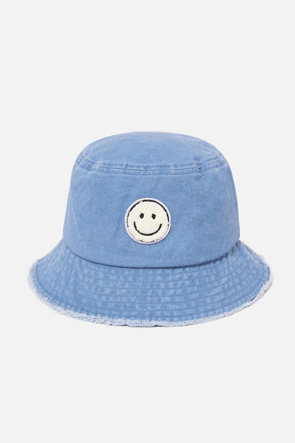 Chenille Patch Smiley Face Bucket Hat: White