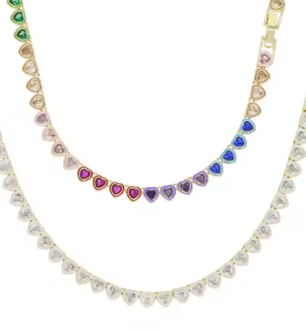 HoopLa Style - Heart Tennis Necklace- 14K Ombré CZ: Multi