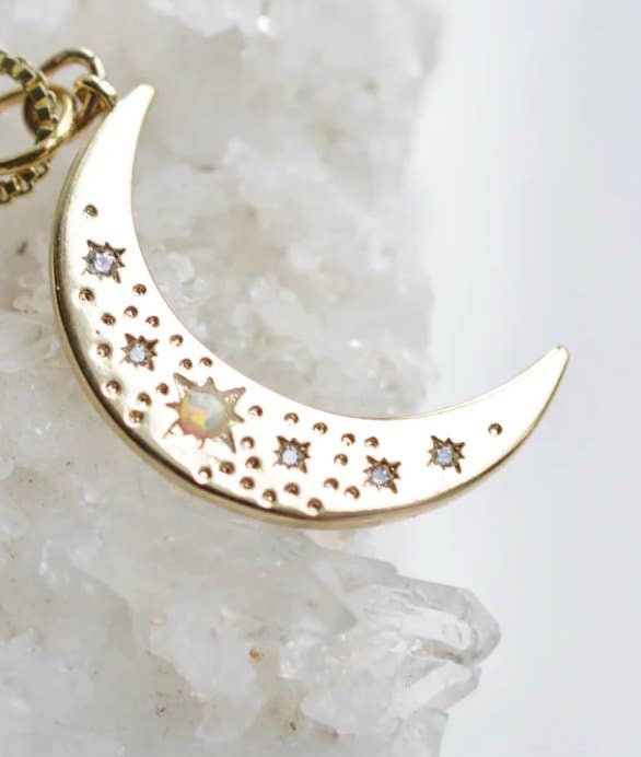 HoopLa Style - Crescent Moon Opal and Crystal Steel 14K Gold Necklace