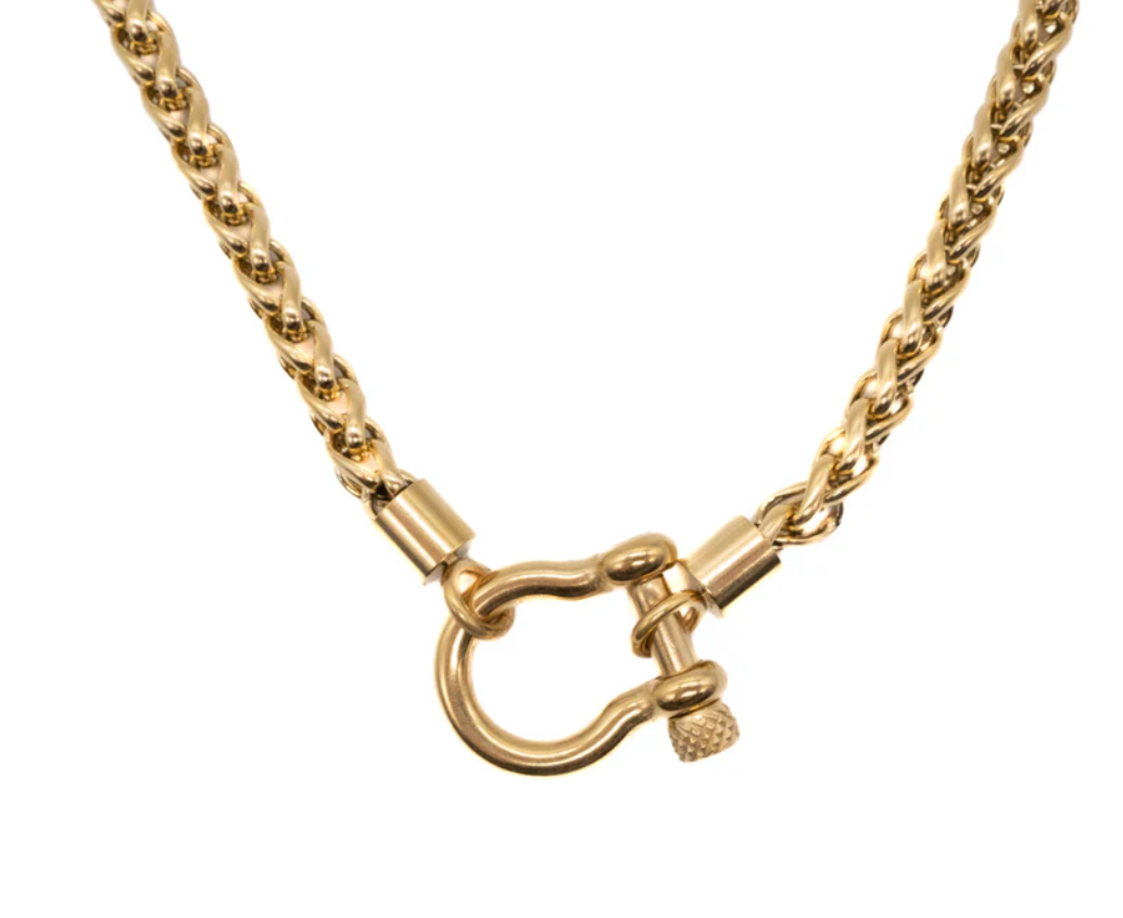 HoopLa Style - Carabiner horse Bit- Charm-Wheat Chain Stainless Necklace: Yellow Gold