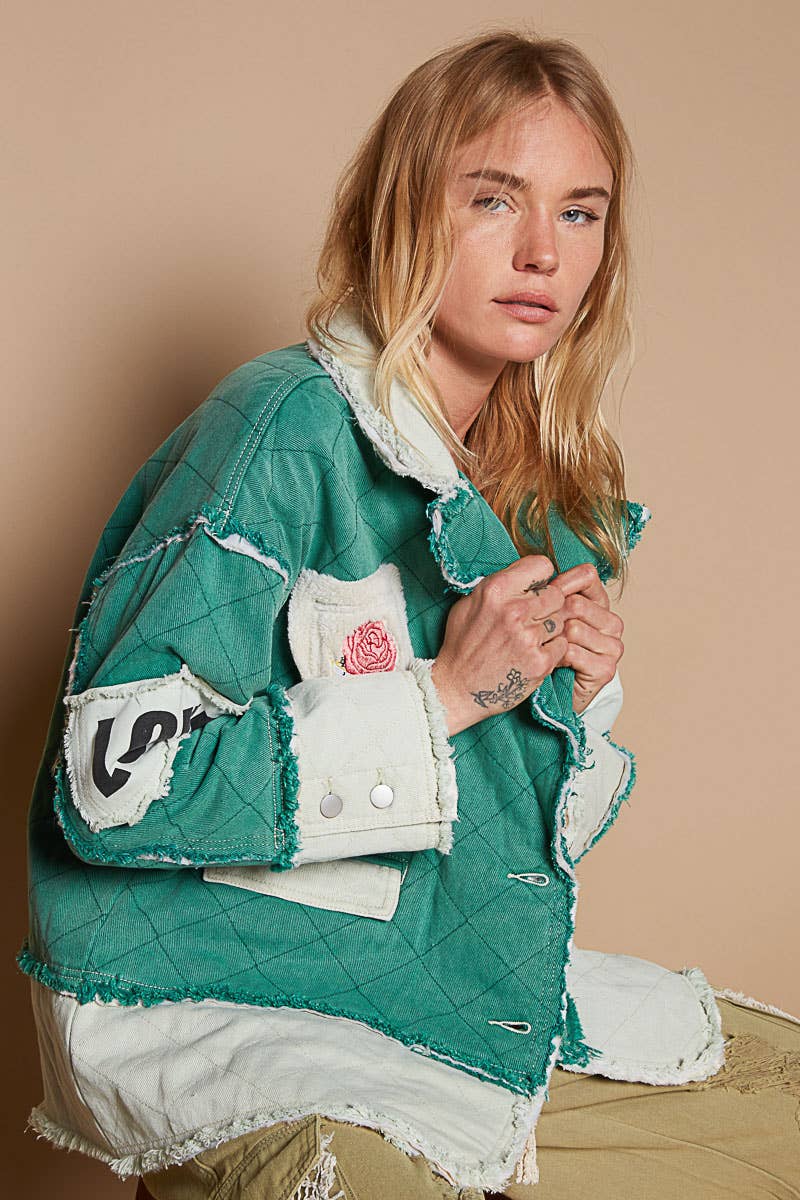 Colorblocked twill patch studded back heart jacket: TEAL GREEN