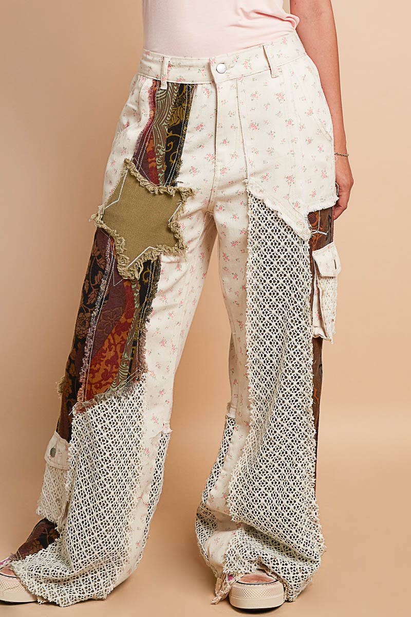 Printed patchwork detail woven twill pants: IVORY/REDBEAN MULTI