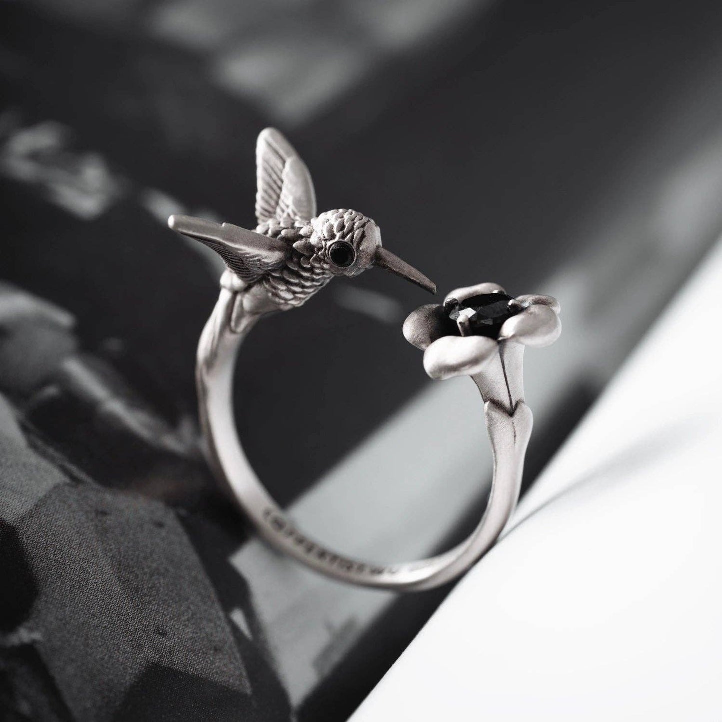 Hummingbird Ring: Oxidized Silver & Black Zircon / #6