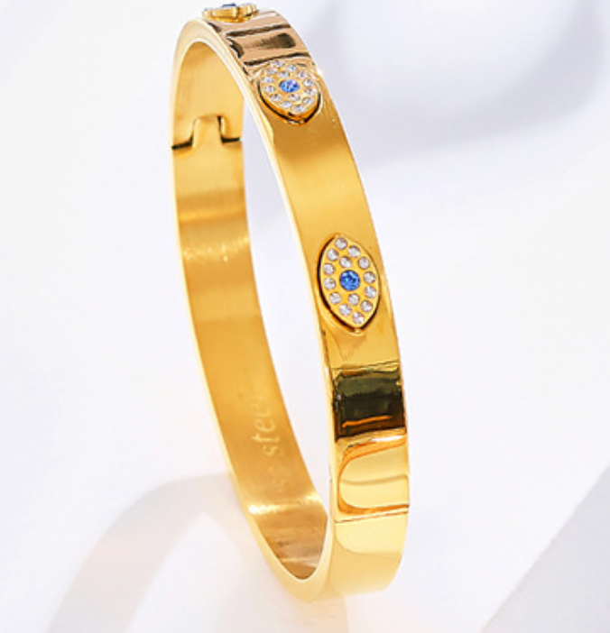 HoopLa Style - Evil Eye Hinge Bangle - 14K Gold PVD Stainless Steel: Rose Gold