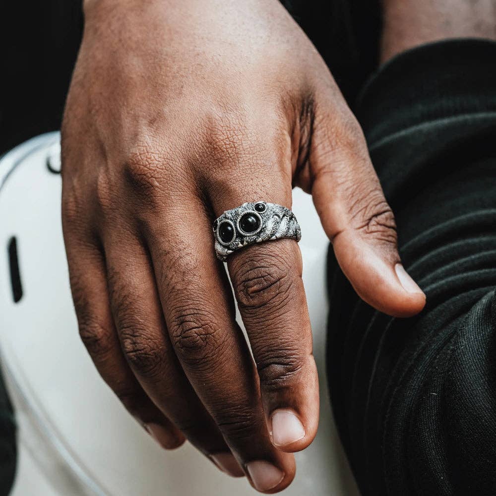 Jumping Spider Ring - Oxidized Silver: Oxidized Silver & Black Agate / #11