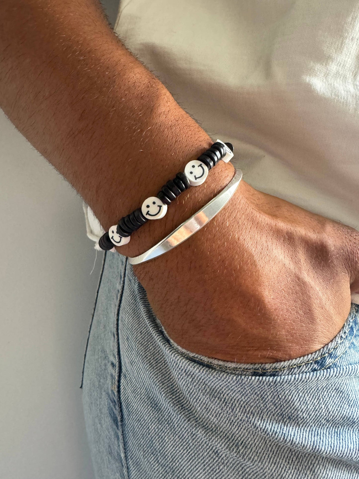 Men's Bracelet, Happy Bracelet, Silver Bangle Bracelet Men,: 21cm / Happy Beads Bracelet