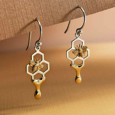 Honeycomb Dangle Earrings with Honey and Bee 37x12mm