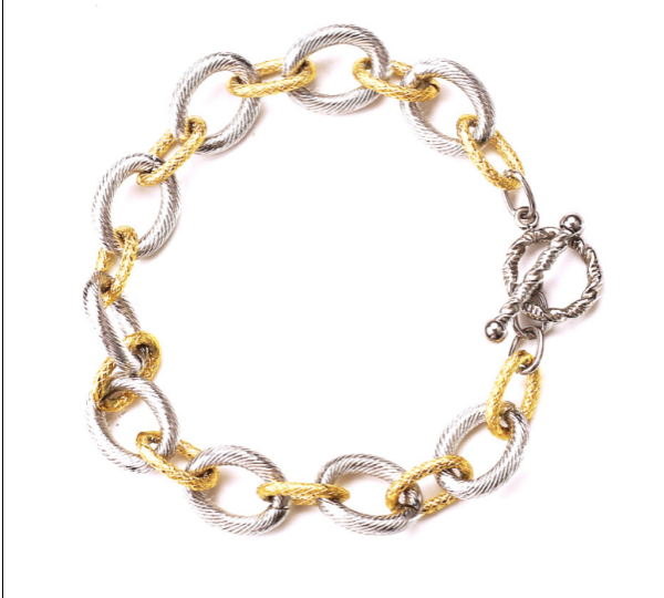 HoopLa Style -  Two Tone Etched Steel Link Toggle Bracelet