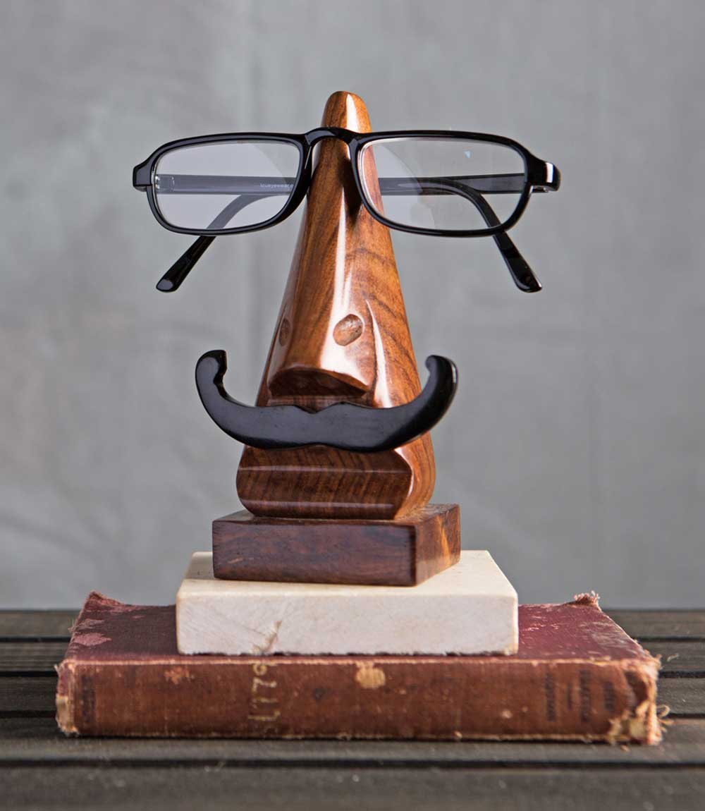 Hand Carved Mustache Eyeglass Holder Stand