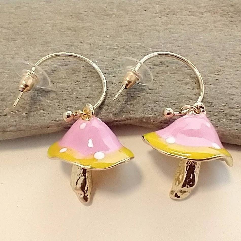 Piccadilly Pendants - Mushroom Statement Earrings, Hoop Earrings, Nature Jewelry: Gold / Pink & Yellow