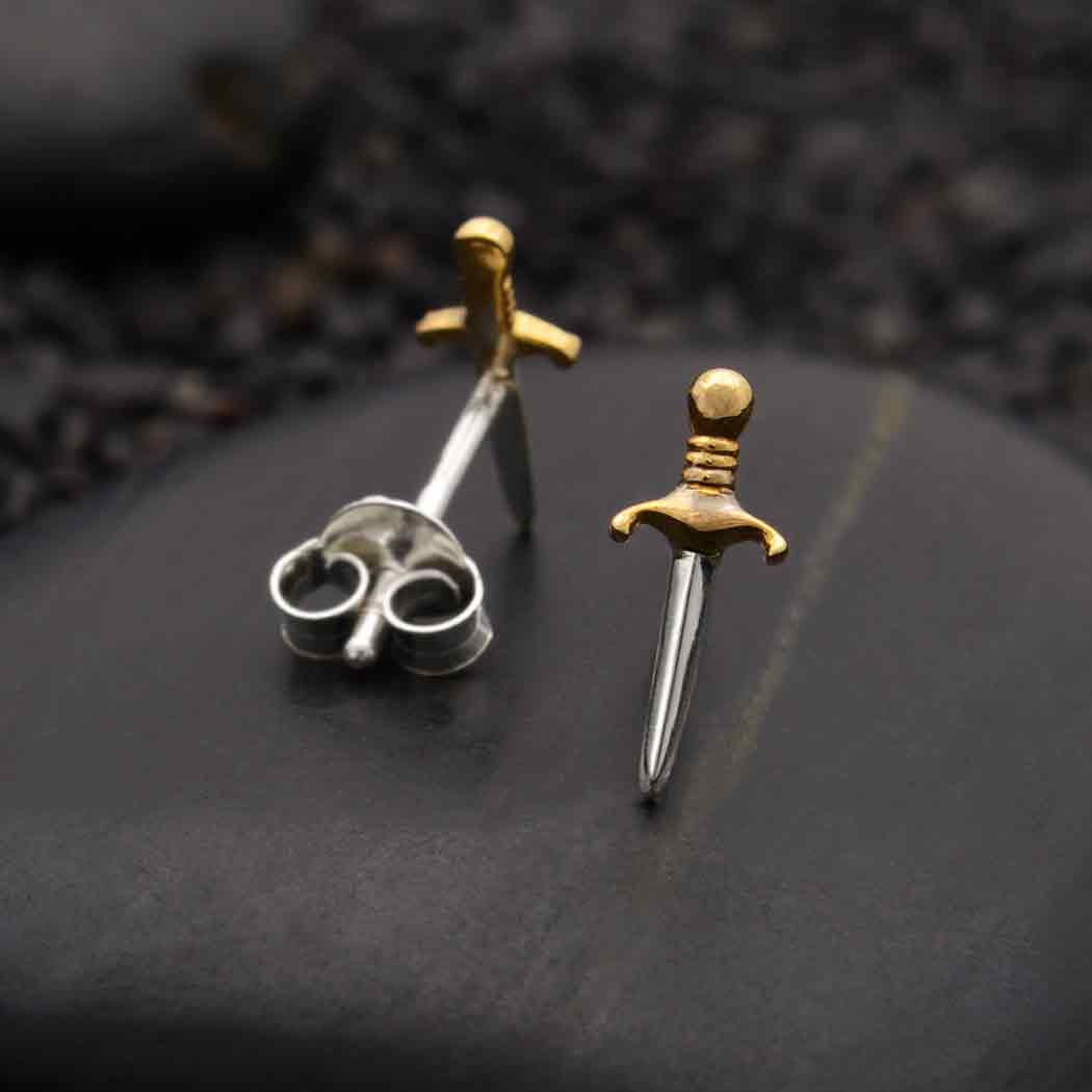 Mixed Metal Mini Dagger Post Earrings 11x4mm